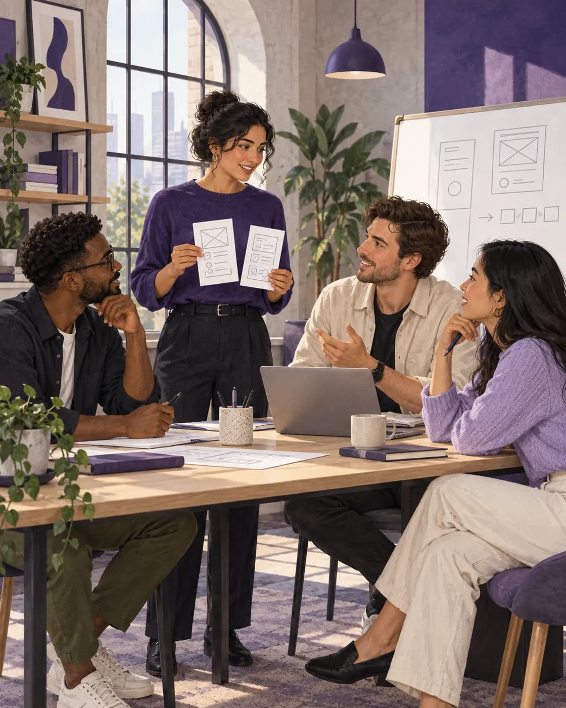 Editorial illustration of four technology professionals sharing ideas around a product design table; not a photograph of Codersbay employees