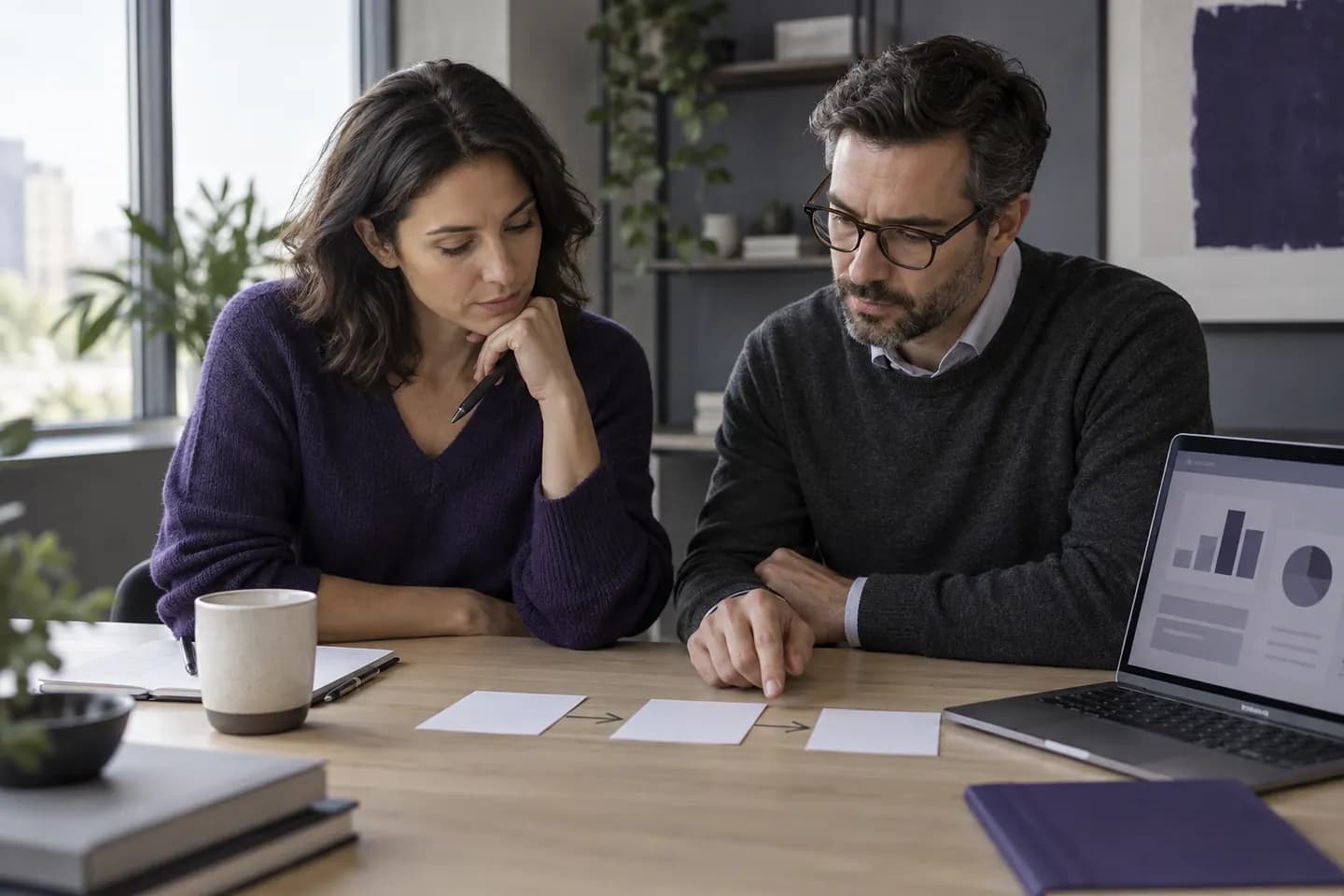 Conceptual editorial scene of two professionals reviewing a workflow prototype and analytical dashboard