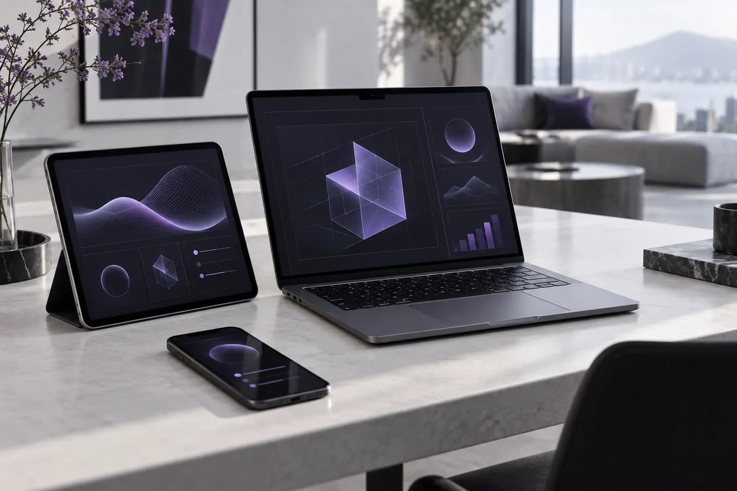 Conceptual digital product interfaces across laptop, tablet and phone