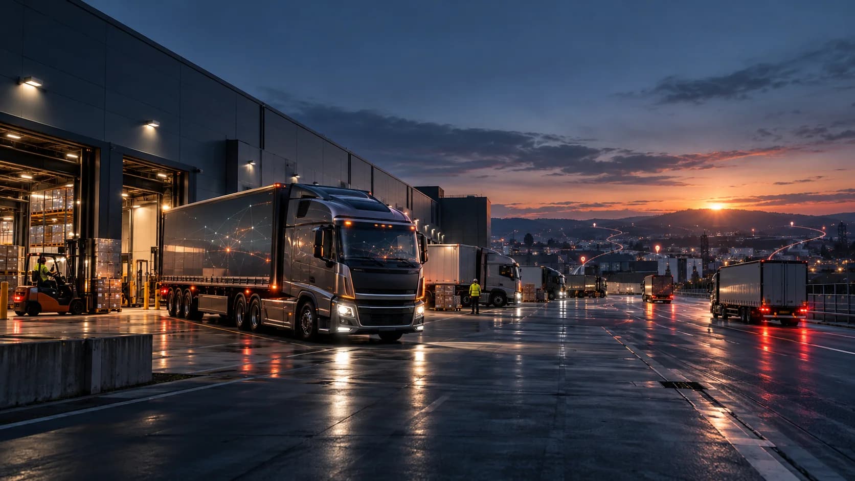 Commercial fleet operating from a modern logistics hub